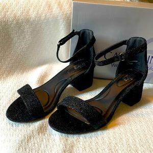 NWB - Catherines 9W black sparkle, ankle strap heel